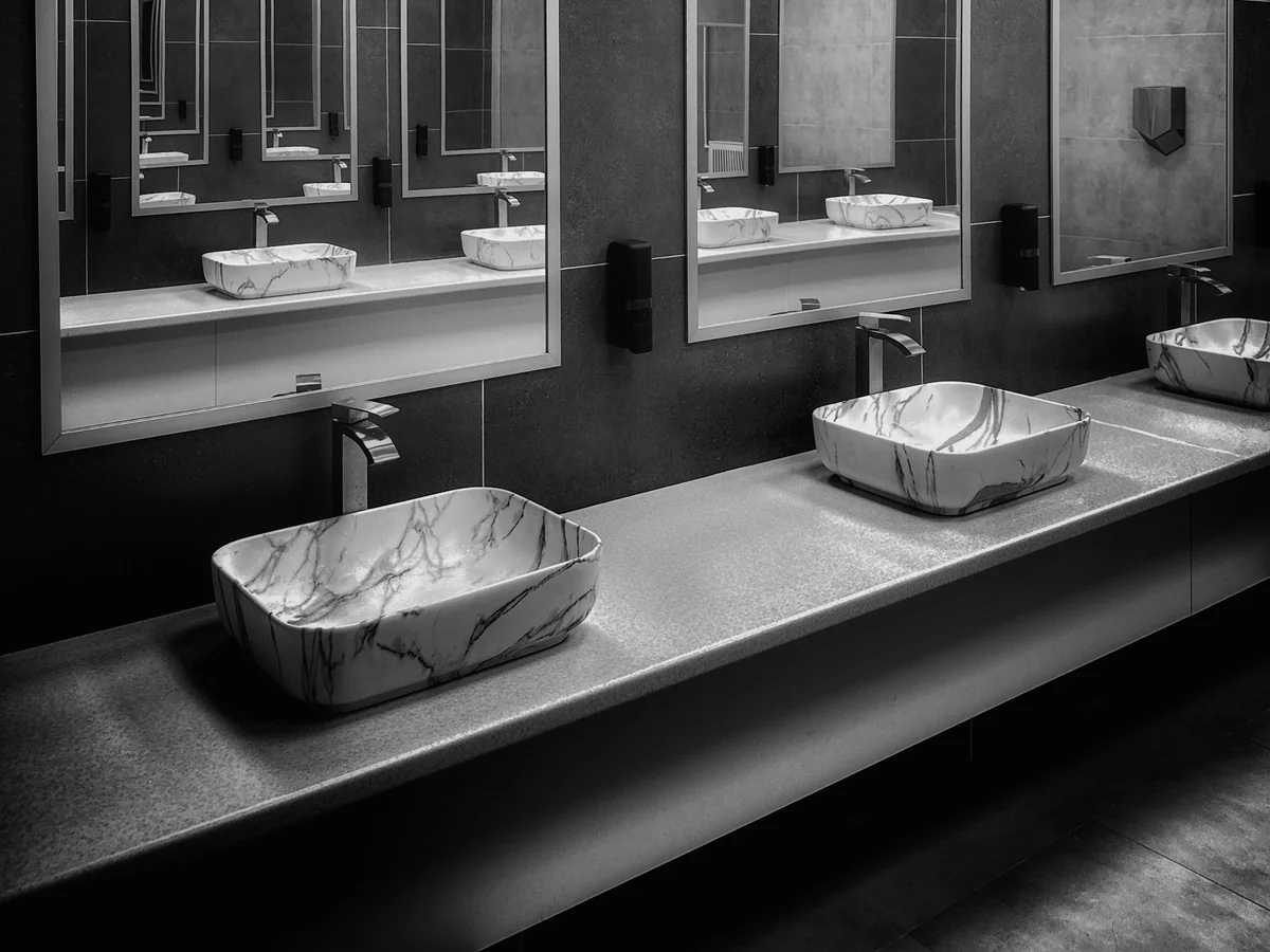 A bathroom vanity with wall lights on both sides of a large mirror